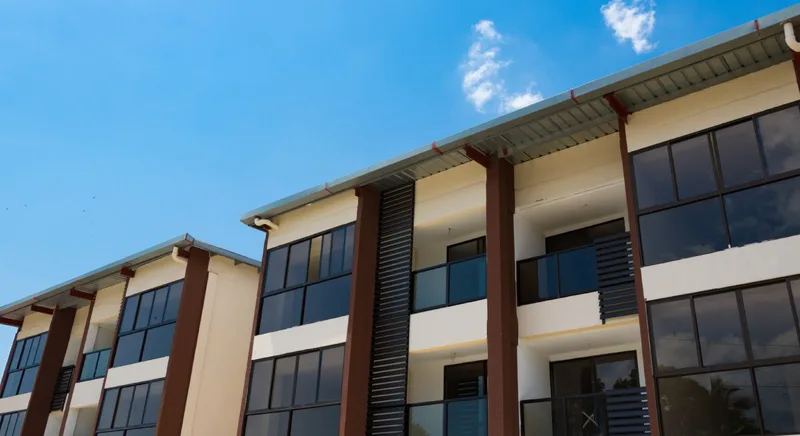 Fachada de Acacias Juan Díaz, edificio de tres niveles con balcones y detalles en madera oscura en Ciudad Radial, Juan Díaz
