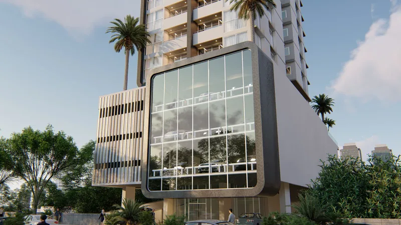 Render exterior de la torre Sky Swiss con su lobby acristalado, en El Cangrejo, Ciudad de Panamá