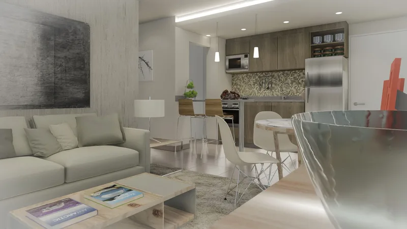 Render de la sala, comedor y cocina de un apartamento en Acacias Garden II