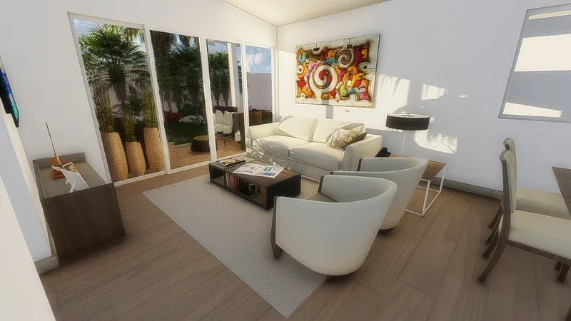 Render de la sala de una casa de Alamedas de Villa Grecia con salida al patio y jardín