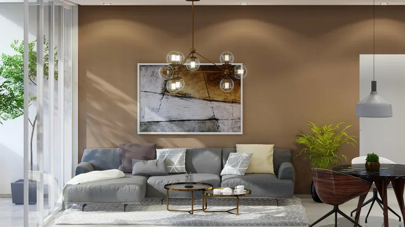 Render interior de la sala-comedor de un apartamento de Sky 66