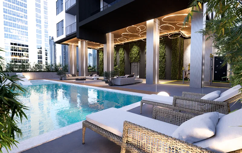 Terraza con piscina y camastros con vista a las torres de Costa del Este, en un render de Sky Parc II
