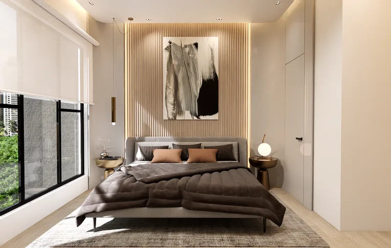 Recámara principal con grandes ventanales en un apartamento de Sky Parc II