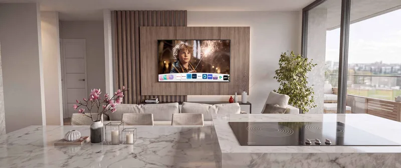 Render panorámico de cocina y sala integradas en una residencia de TR33 at Amador