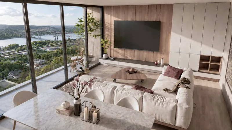 Render de la sala de una residencia de TR33 at Amador con vista al Canal